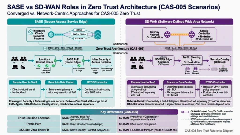 Diagram comparing SASE and SD-WAN roles in zero trust architecture CAS-005 scenarios