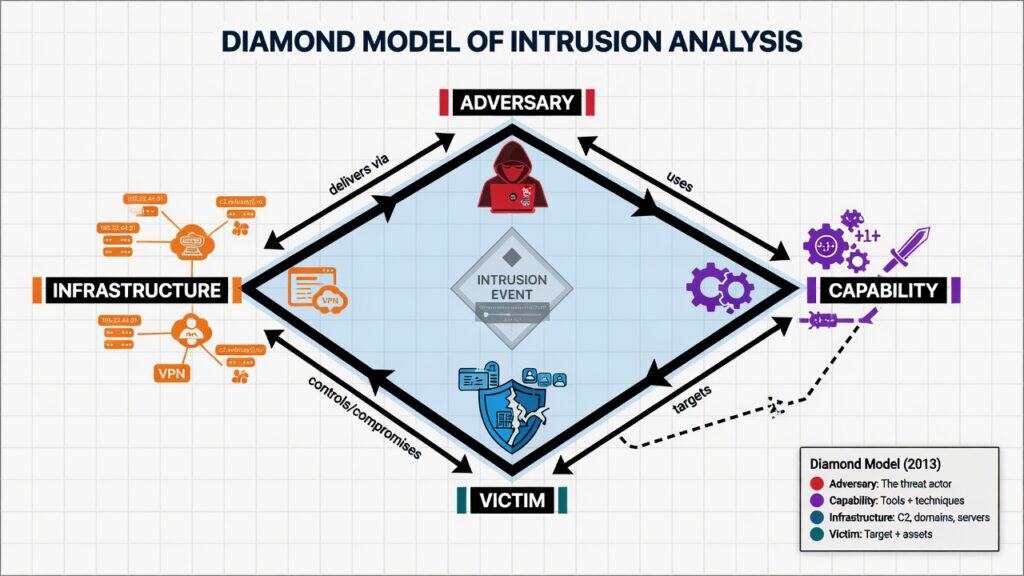 Diamond Model of Intrusion Analysis diagram for threat modeling MITRE ATT&CK STRIDE Diamond Model