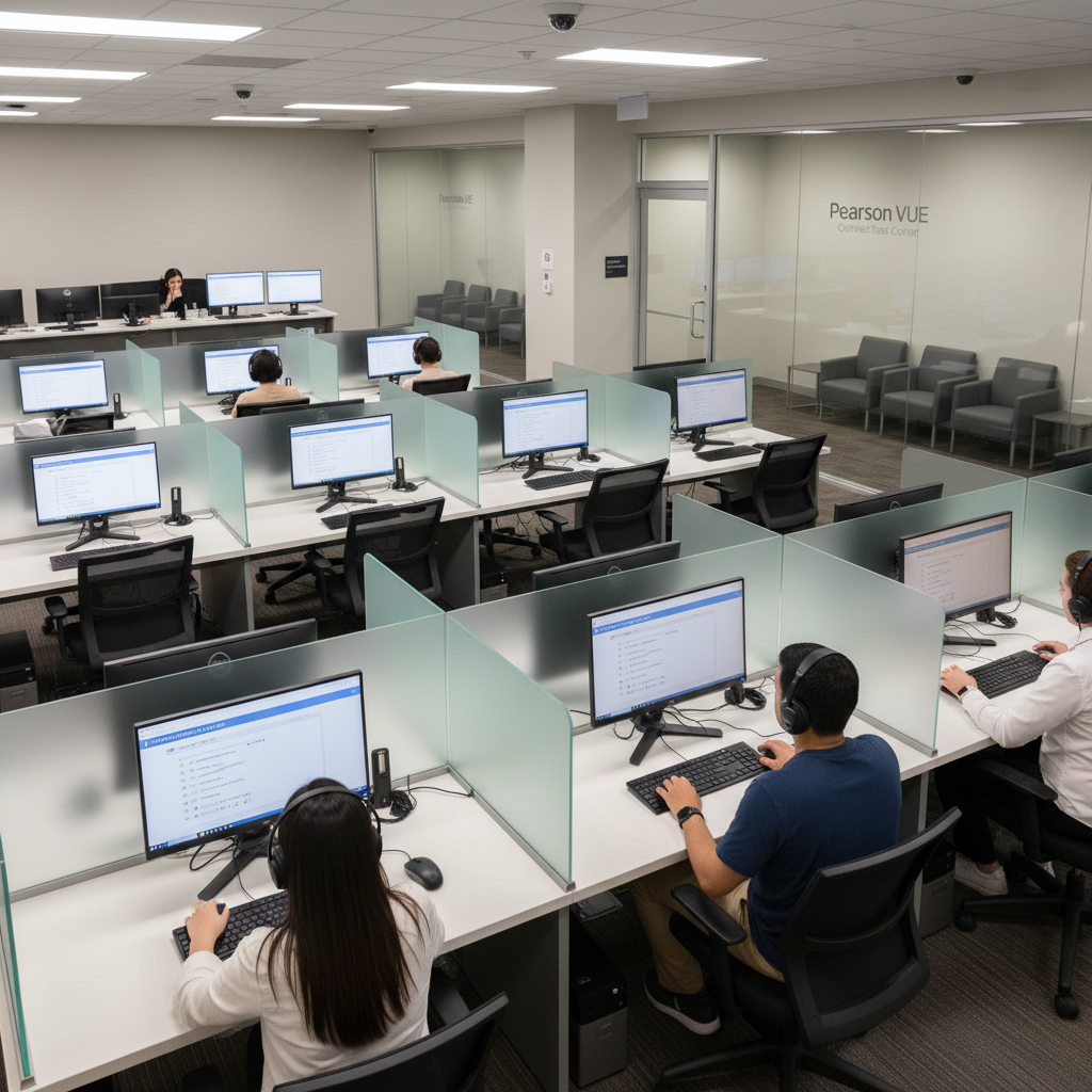 Students in a test center similar to those used for proctoring the CompTIA SecurityX (CAS-005).