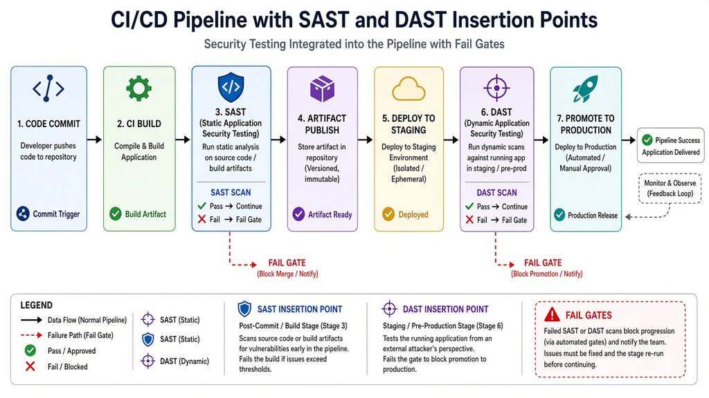 CI/CD pipeline flowchart showing exact insertion points for SAST (post-commit/build stage) and DAST (staging/pre-production stage) with arrows indicating data flow and fail gates.