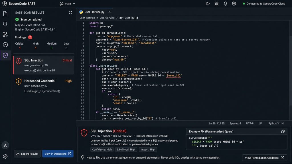 Annotated code-editor mockup or screenshot-style graphic of a SAST tool highlighting a sample vulnerability (e.g., SQL injection or hardcoded credential) with line-level findings.