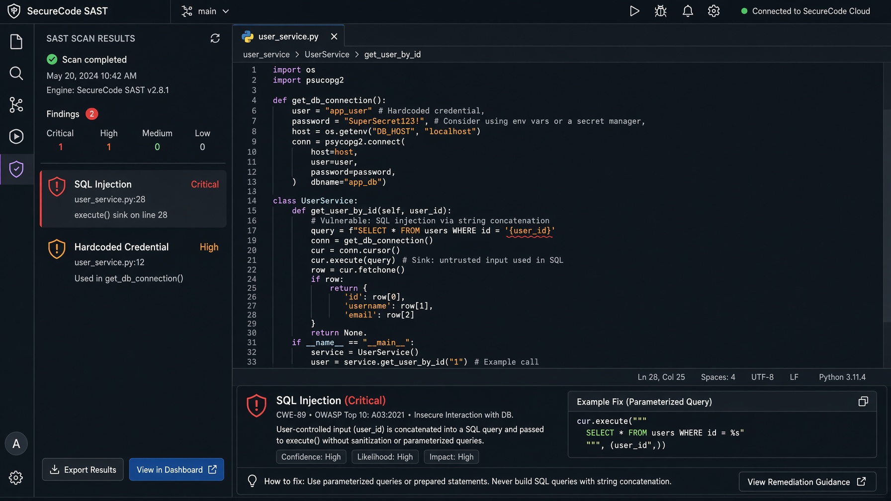 Annotated code-editor mockup or screenshot-style graphic of a SAST tool highlighting a sample vulnerability (e.g., SQL injection or hardcoded credential) with line-level findings.