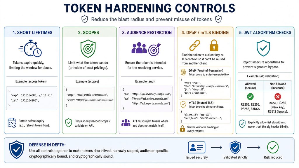 Visual of token hardening controls (short lifetimes, scopes, audience restriction, DPoP/mTLS binding, and JWT algorithm checks).
