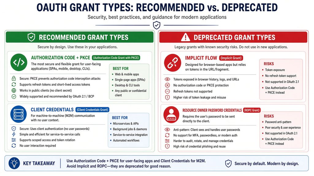 Comparison infographic of recommended vs. deprecated OAuth grant types (Authorization Code + PKCE and Client Credentials vs. Implicit and Resource Owner Password Credentials).