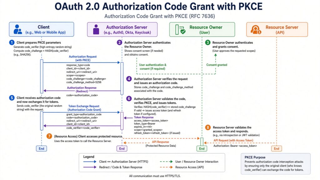 Flow diagram of the OAuth 2.0 Authorization Code Grant with PKCE (showing client, authorization server, resource owner, and token exchange steps).