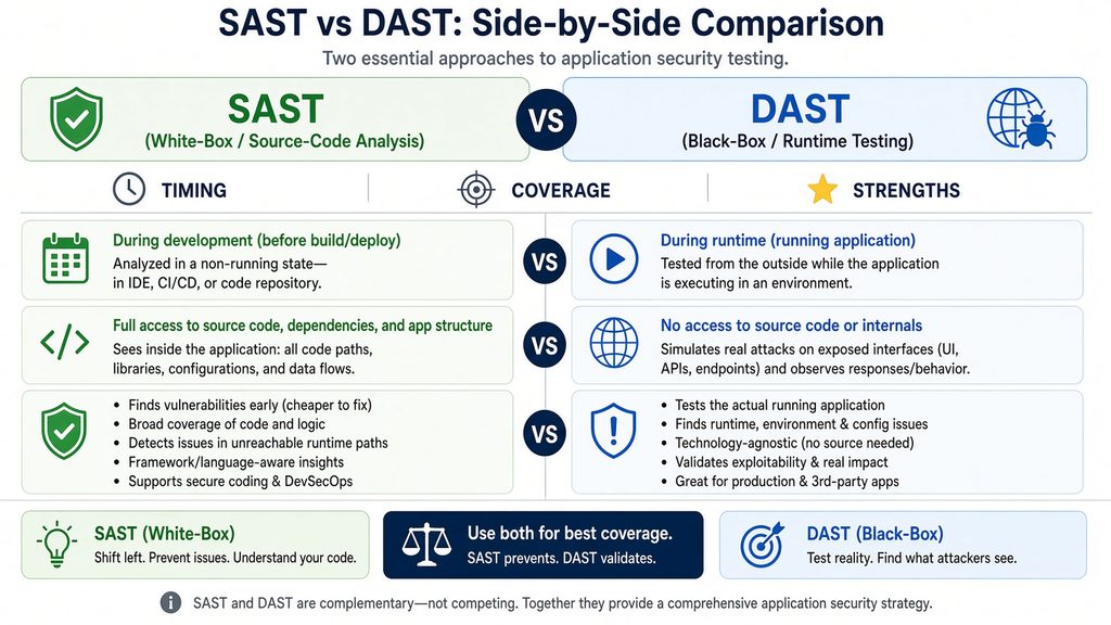 Side-by-side comparison diagram or infographic clearly labeling SAST (white-box/source-code analysis) versus DAST (black-box/runtime testing), including key differences in timing, coverage, and strengths.